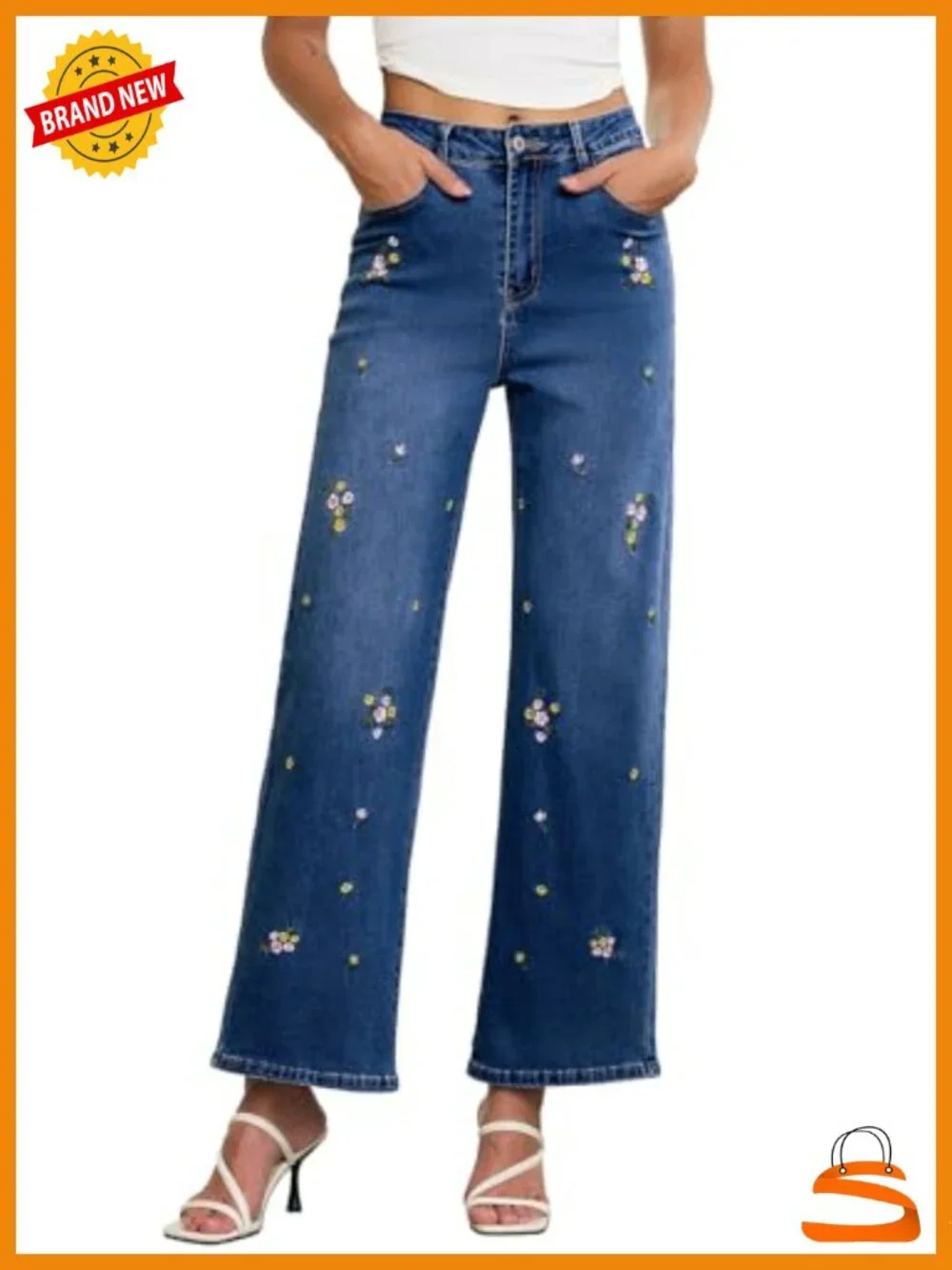 High Waisted Straight Wide Leg Embroidered Jeans